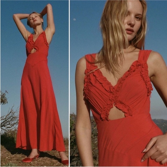 Doen Amoretta Maxi Dress Tigerlily Red V-Neck Ruffled Cut Out Size XXS NEW - Picture 2 of 16